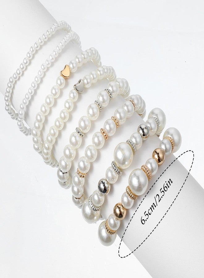 KFHENSOMR 8 Pack Pearl Bracelets for Women Simulated Pearl Beaded Stackable Bracelet Set White Pearls Stretch Bracelet Set Multilayered Elastic Pearls Bracelets Bangles for Women Bridal Boho Jewelry - Image 2